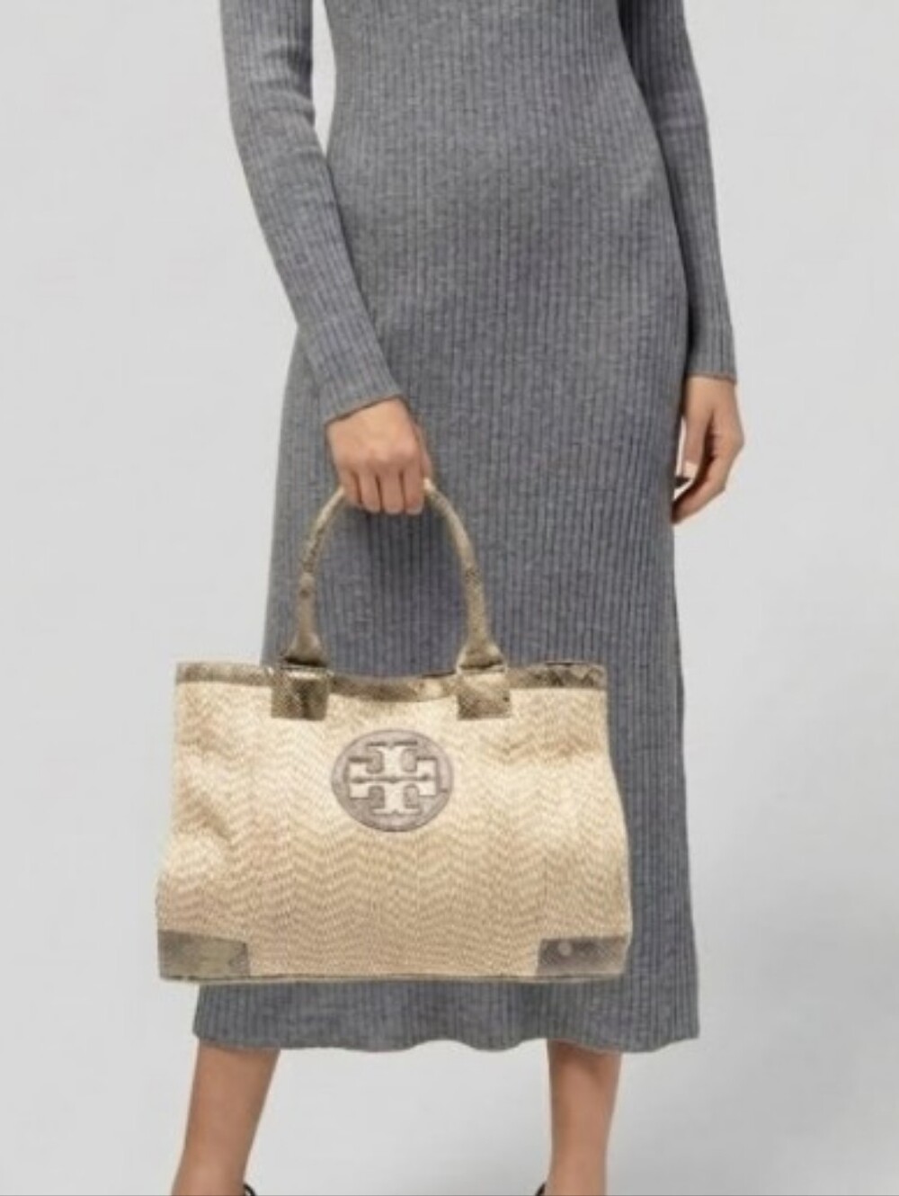 Tory Burch Ella Natural Raffia Snake-Print Leather Trim Tote